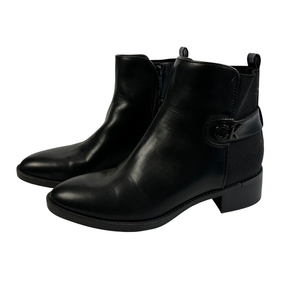 Calvin Klein Women's Black Leather Ankle Boots Side Zip Comfort‎ Low Heel 7.5M
